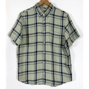 Everlane Mens M 100% Linen Button Up Down Shirt Short Sleeve Plaid Green Blue